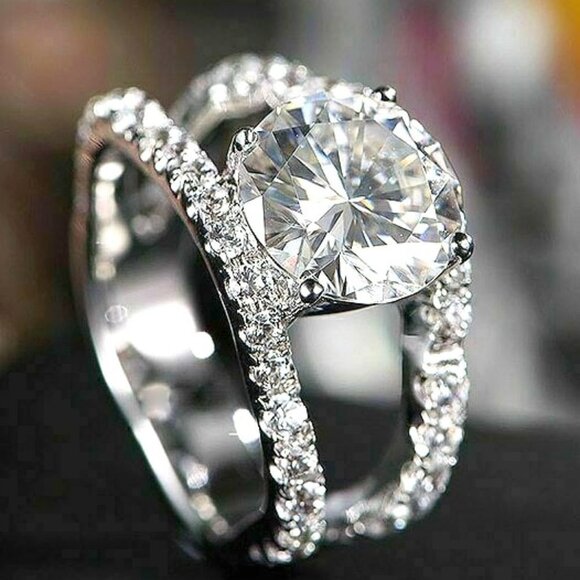 Lovely Unique Flower Shape CZ Double Layer Silver Romantic Women Rings, K928